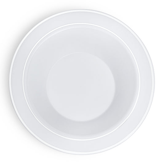 White with Silver Edge Rim Disposable Plastic Soup Bowls (12 oz.)