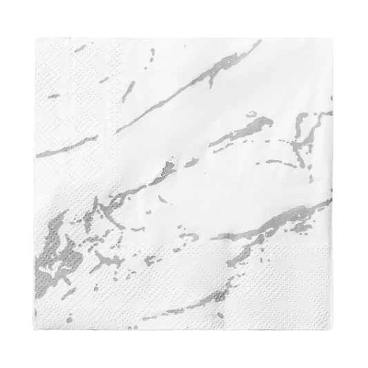 White with Silver Marble Disposable Paper Beverage/Cocktail Napkins