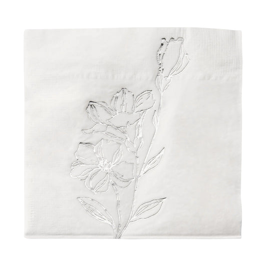 White with Silver Antique Floral Disposable Paper Beverage/Cocktail Napkins