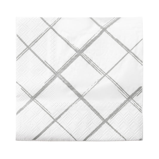 White with Silver Diamond Disposable Paper Beverage/Cocktail Napkins