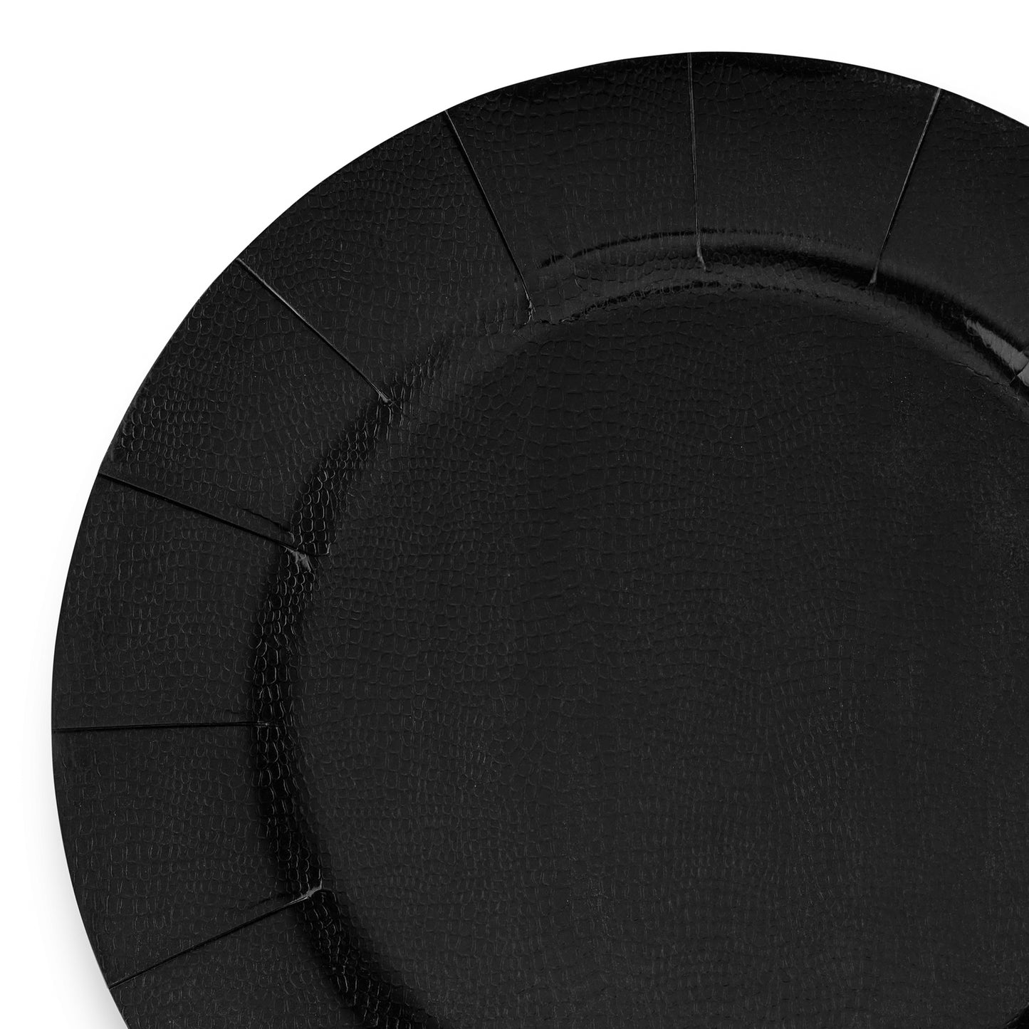 Presenting the Black Round Paper Charger Plates (13"), featuring a textured surface and subtle, evenly spaced indentations along the rim. The plate's simple yet elegant design harmonizes with its sleek, matte finish, creating a sophisticated look that is perfect for an elegant table setting.