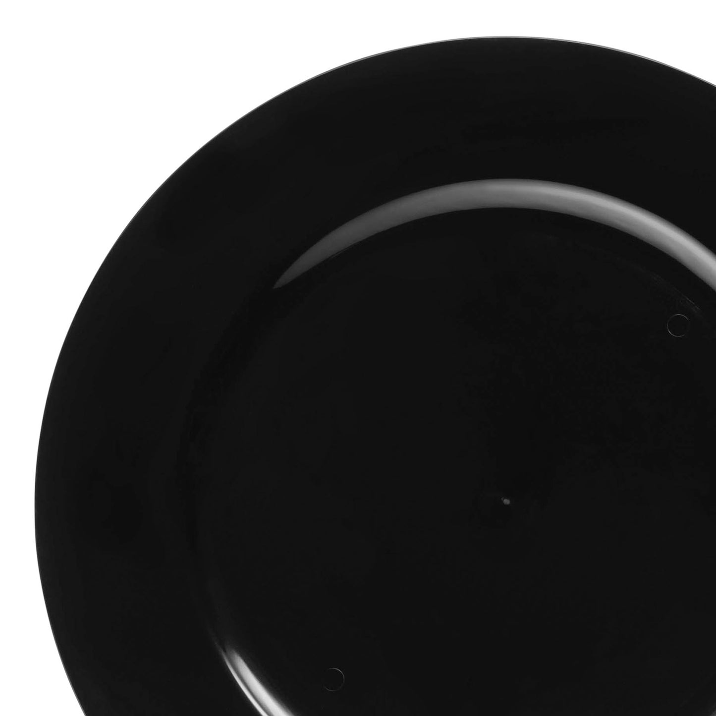 A Black Round Plastic Charger Plate (13") with a smooth, glossy surface. The plate is photographed against a white background, emphasizing its sleek and modern design—perfect for an upscale event table setting.