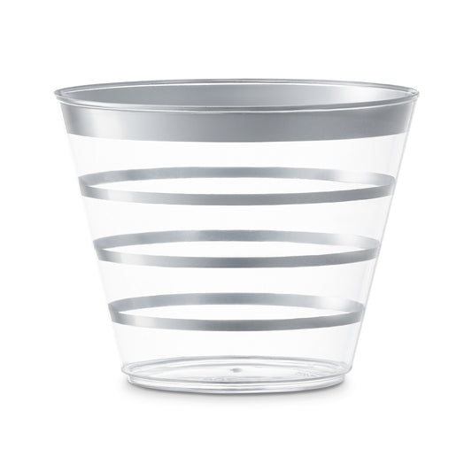9 oz. Clear with Silver Stripes Round Plastic Party Cups