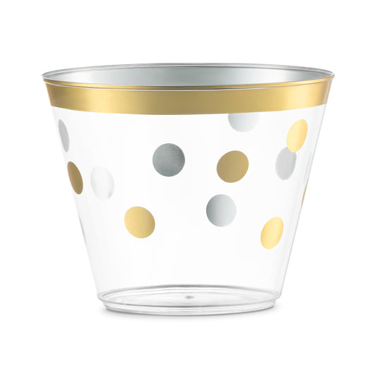 9 oz. Clear with Gold Dots Round Plastic Party Cups