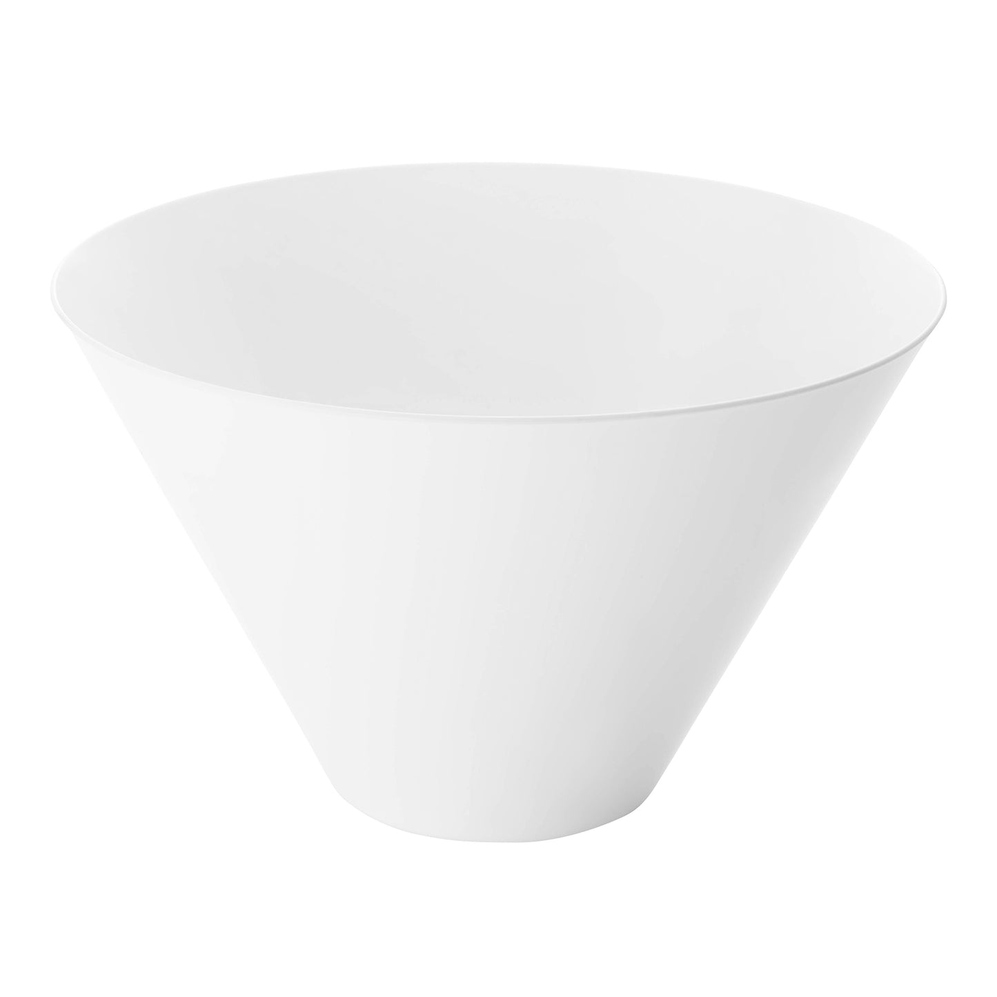 The White Round Deep Disposable Plastic Serving Bowls (96 oz.) boasts a minimalist design with a sleek, conical shape. It features a wide opening that gradually narrows to a smaller, rounded base. This modern serving bowl is simple and elegant, making it ideal for holding various food items or serving purposes.