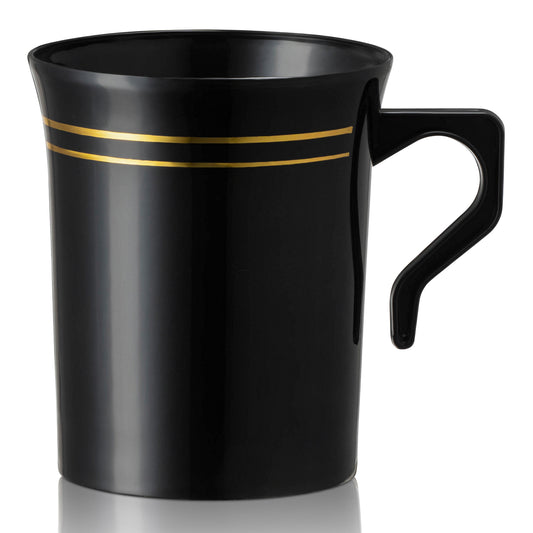 8 oz. Black with Gold Edge Rim Round Disposable Plastic Coffee Mugs