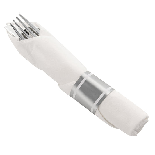 Silver Disposable Plastic Cutlery in White Napkin Rolls Set - 10 Napkins, 10 Forks, 10 Knives, 10 Spoons and 10 Paper Rings