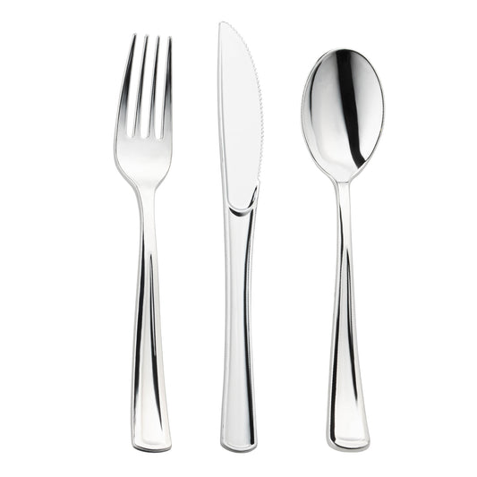 Shiny Metallic Silver Disposable Plastic Cutlery Combo Set