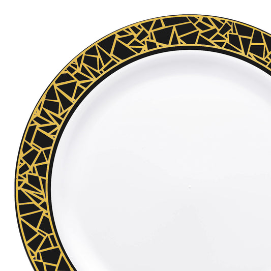 White with Black and Gold Mosaic Rim Round Disposable Plastic Dinner Plates (10.25")