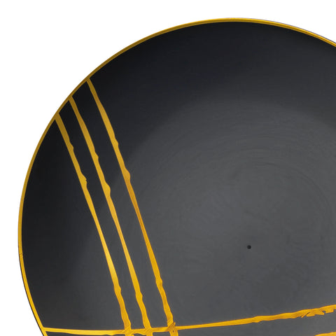 Black with Gold Brushstroke Round Plastic Disposable Dinner Plates (10.25