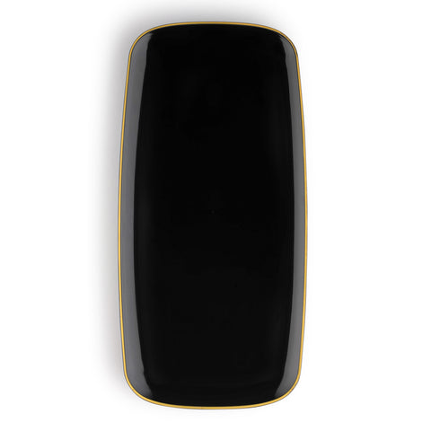 Black with Gold Rim Flat Raised Edge Rectangular Plastic Plates (10.6