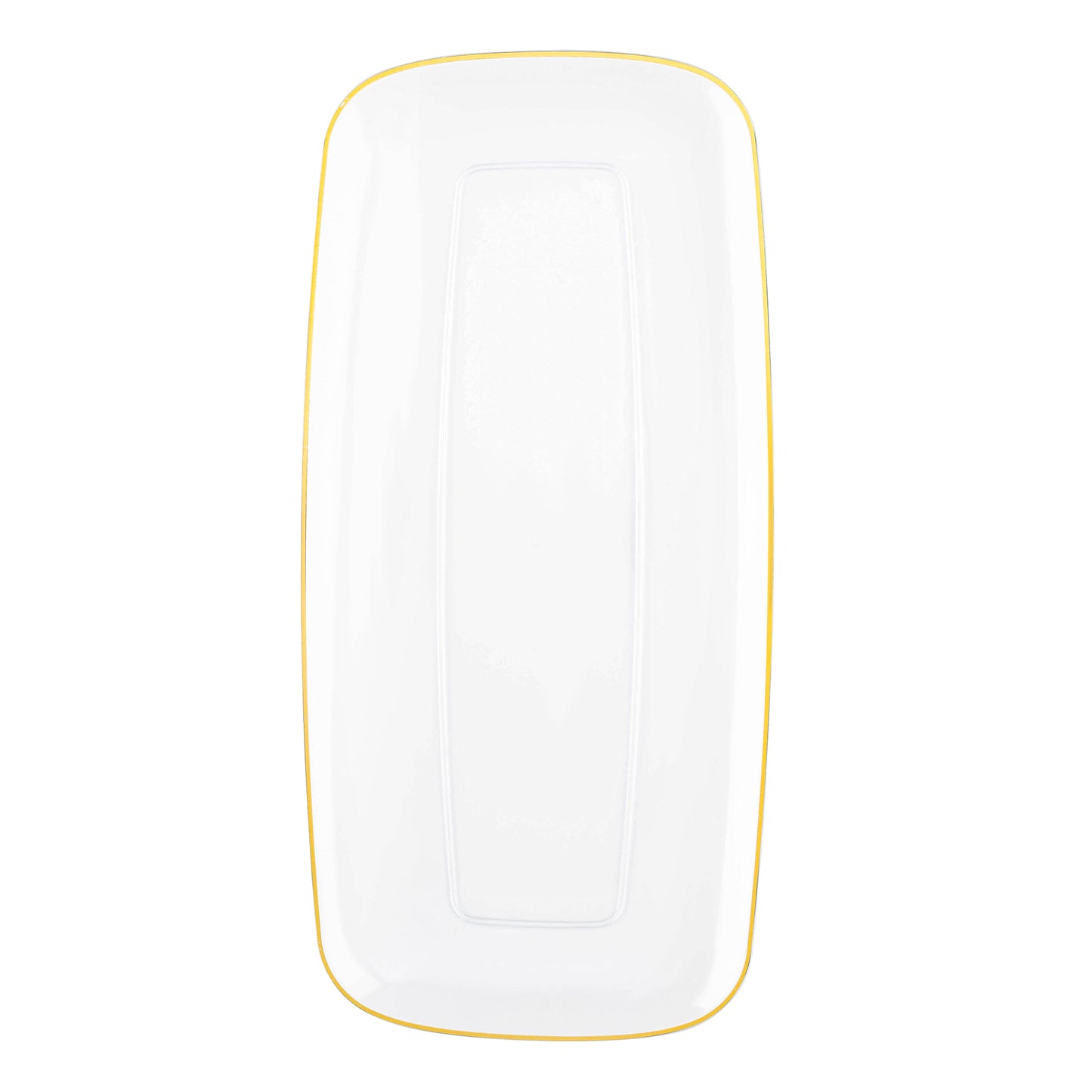 A clear rectangular plastic plate measuring 10.6" x 5" features a sophisticated gold rim and a flat raised edge. The design is simple and minimalist, reminiscent of elegant disposable plates, set against a plain white background.