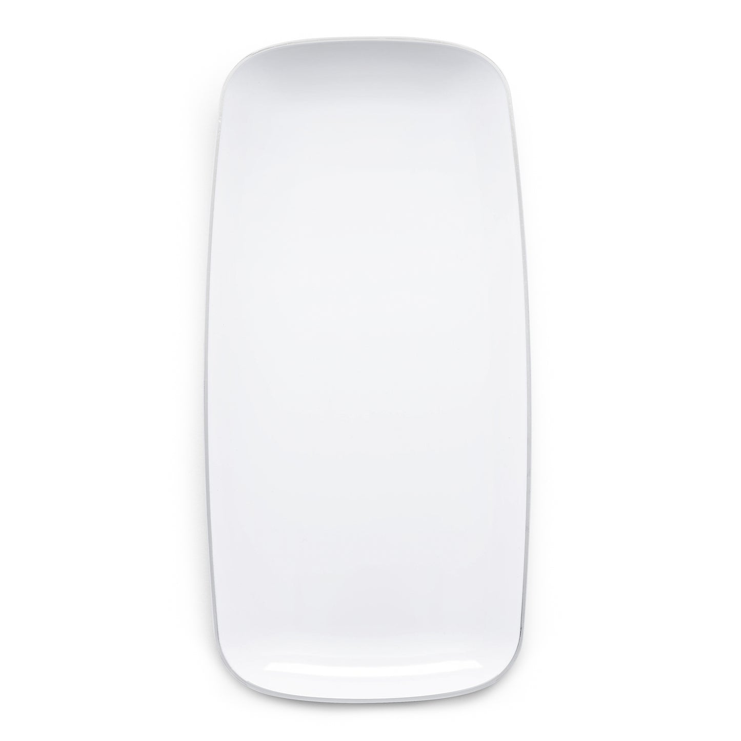 White with Silver Rim Flat Raised Edge Rectangular Plastic Plates (10.6" x 5")