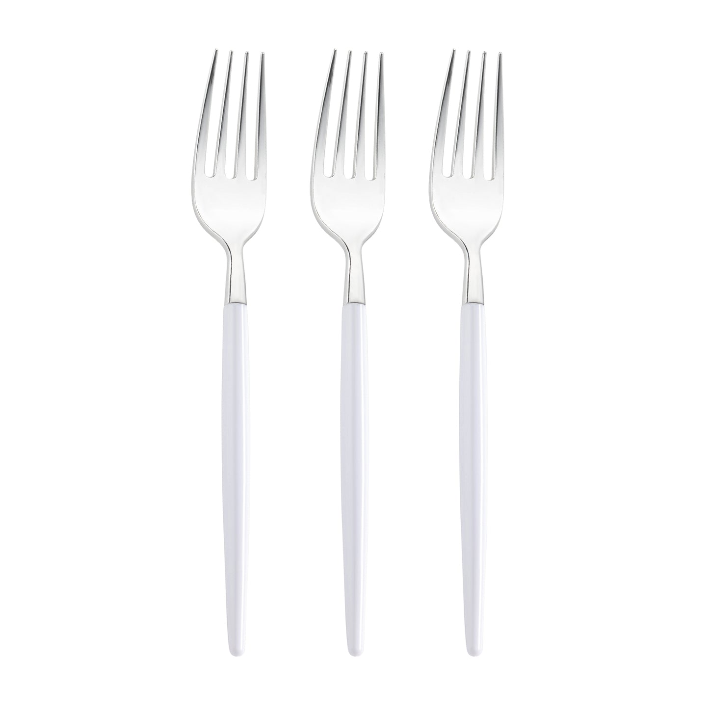 Shiny Silver with White Handle Moderno Disposable Plastic Dinner Forks