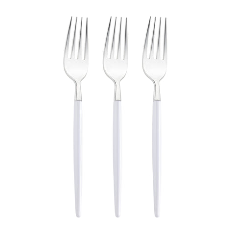 Shiny Silver with White Handle Moderno Disposable Plastic Dinner Forks