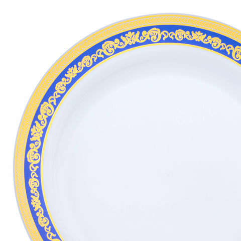 White with Blue and Gold Royal Rim Disposable Plastic Dinner Plates (10.25