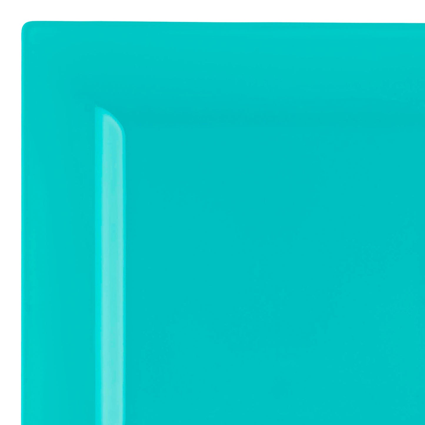 Close-up image of a vibrant Sea Aqua Square Disposable Plastic Dinner Plate with a smooth, glossy finish and clean, simple lines. The plate's striking color is bold and eye-catching, contrasting sharply with the white background. Its sophisticated design rivals many other disposable plastic dinner plates on the market.