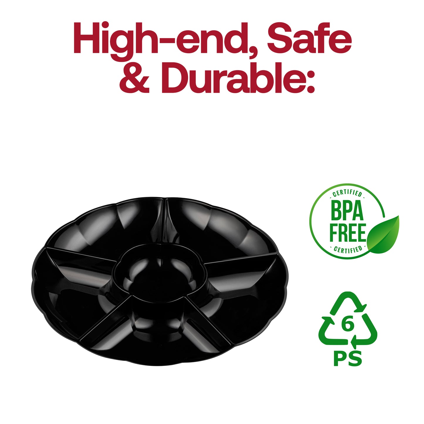 Black Big 6-Partition Round Plastic Trays