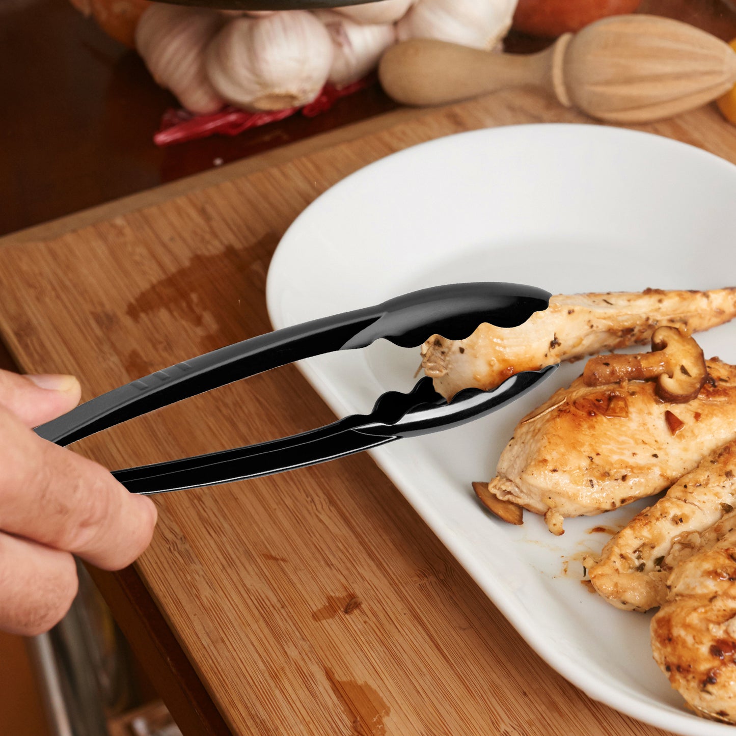 9" Black Plastic Serving Tongs