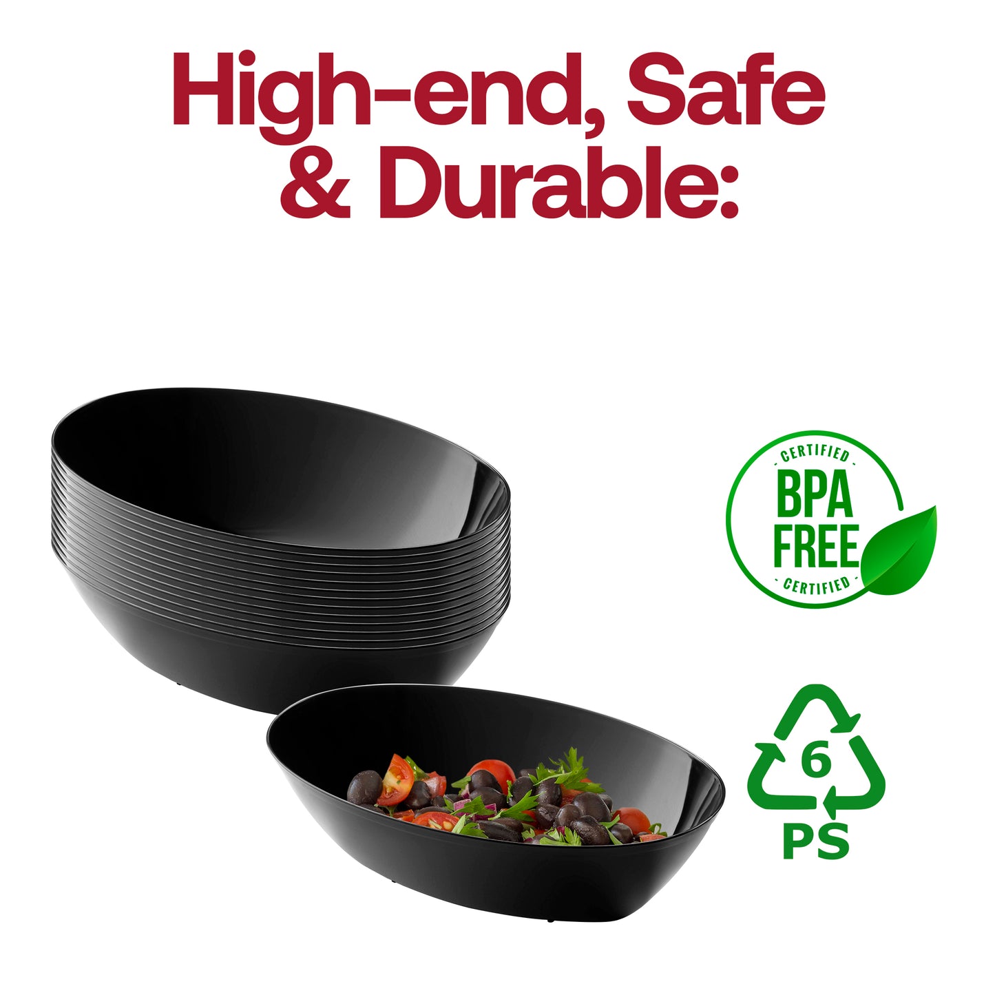 Black Oval Disposable Plastic Serving Bowls (2 qt.)