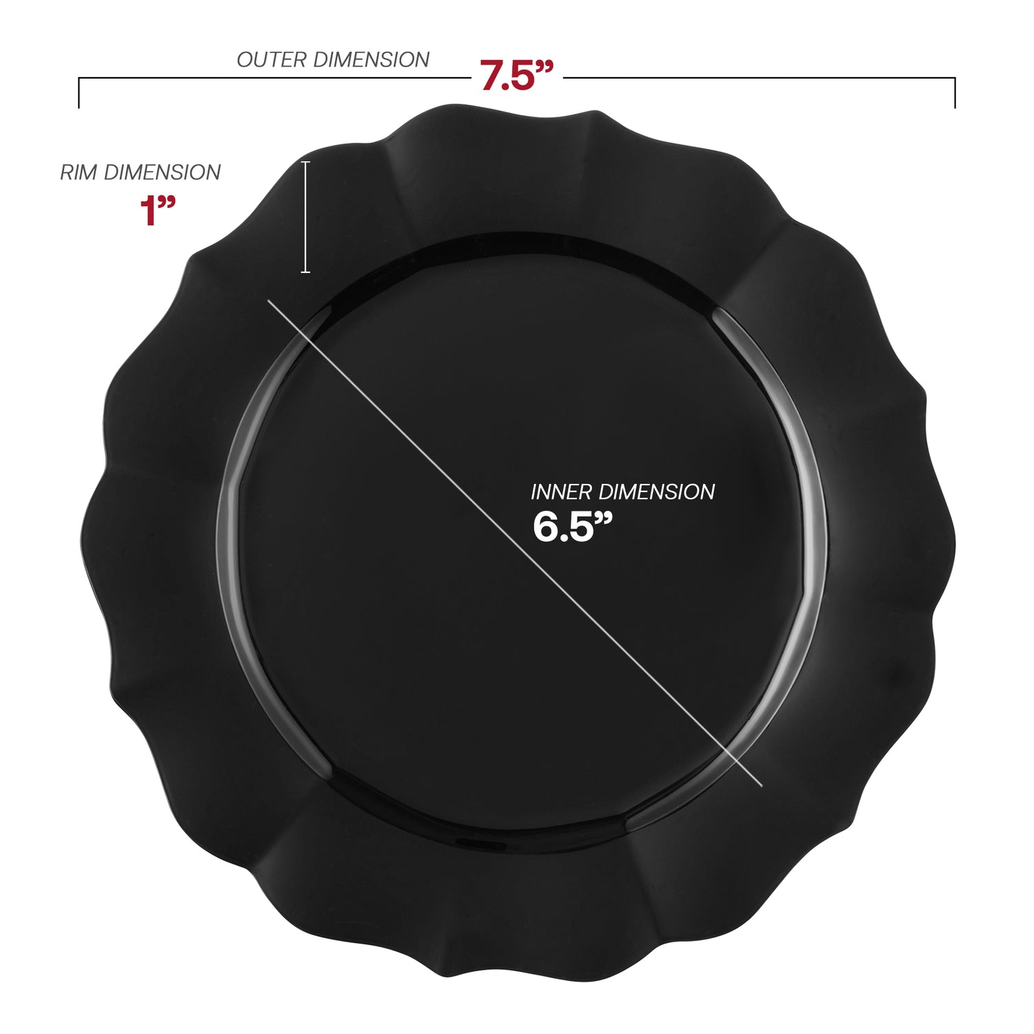 Black Round Lotus Plastic Appetizer/Salad Plates (7.5") Dimension | The Kaya Collection