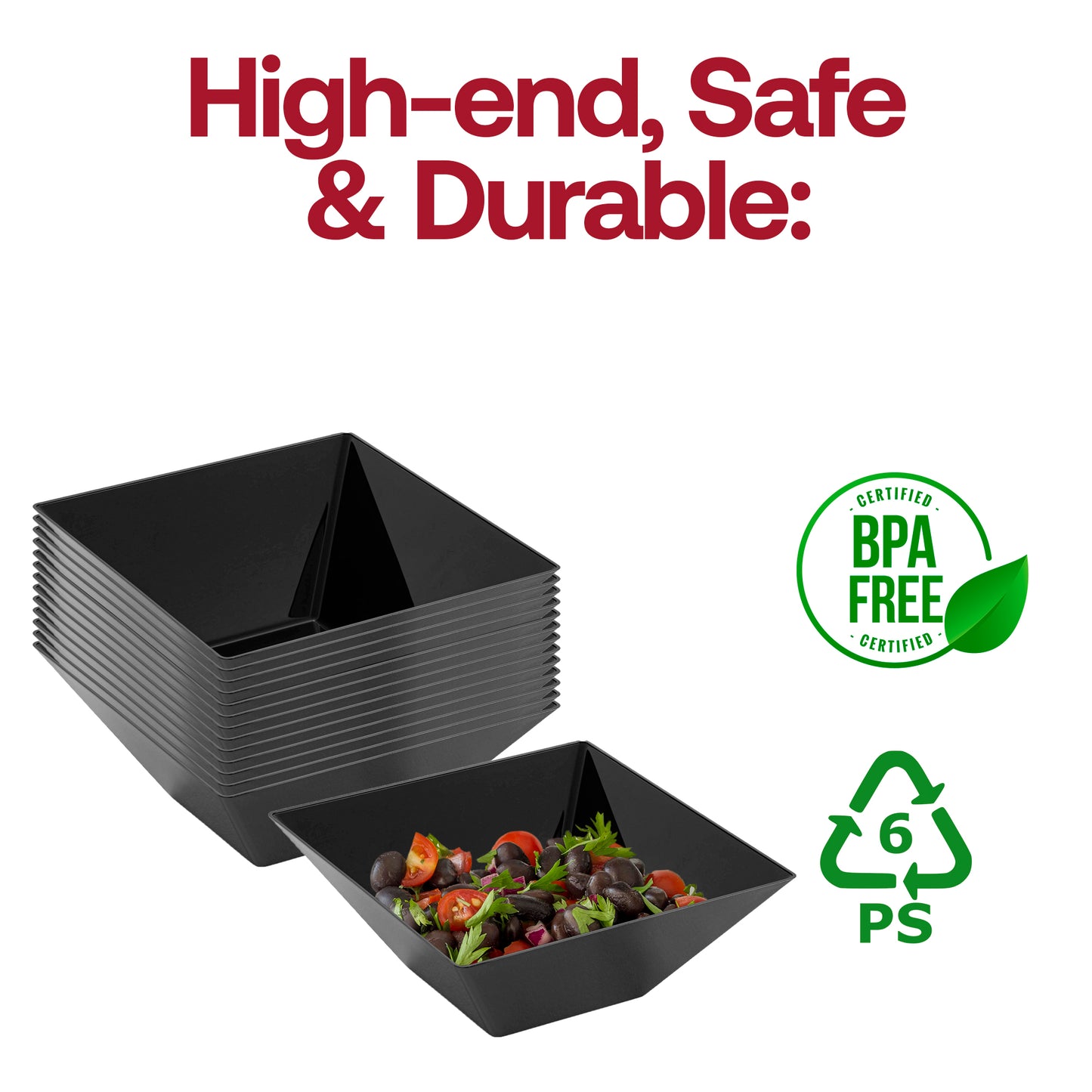 Black Square Disposable Plastic Serving Bowls (3 qt.)