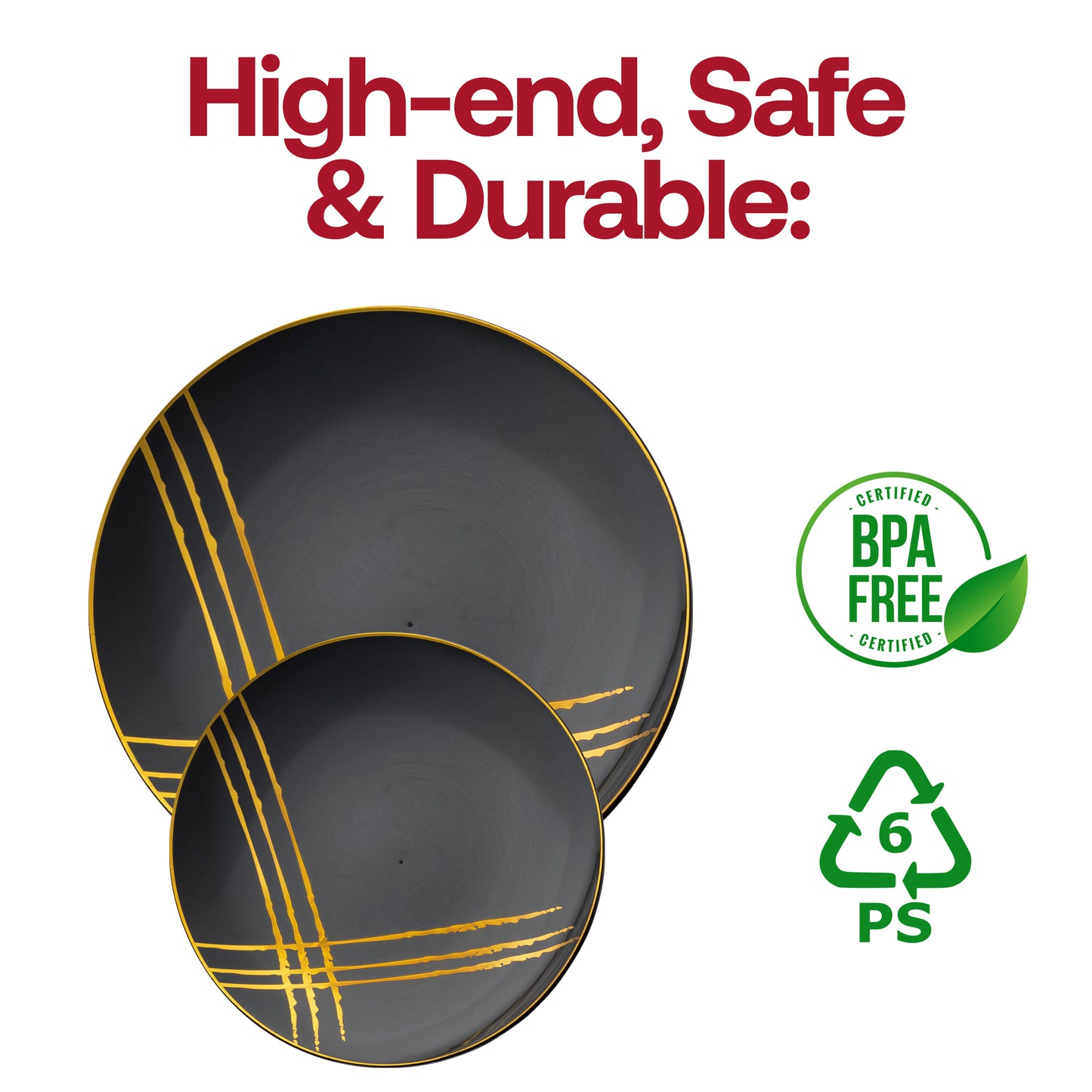 Black with Gold Brushstroke Round Plastic Disposable Dinner Plates (10.25")