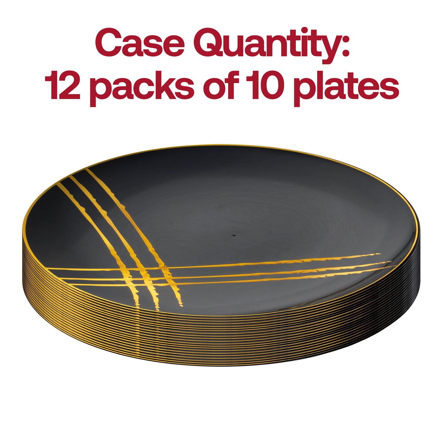 Black with Gold Brushstroke Round Plastic Disposable Dinner Plates (10.25")