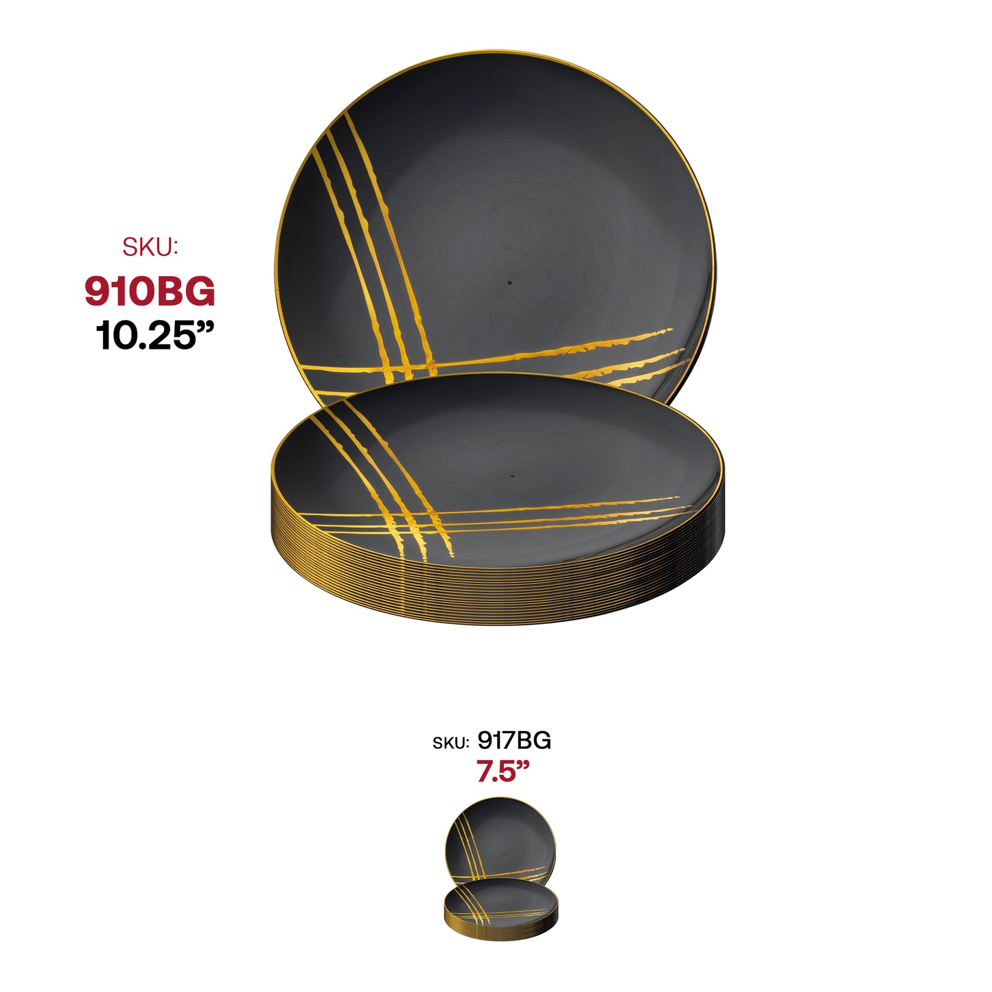 Black with Gold Brushstroke Round Plastic Disposable Dinner Plates (10.25")