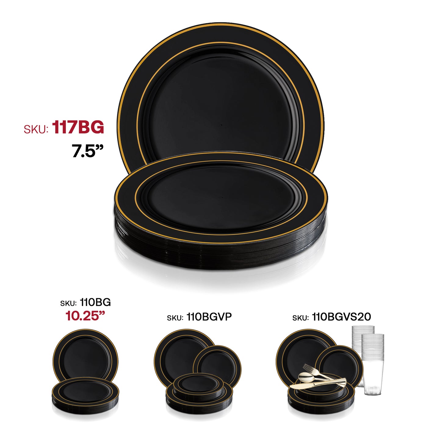 Black with Gold Edge Rim Plastic Appetizer/Salad Plates (7.5") SKU | The Kaya Collection