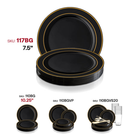 Black with Gold Edge Rim Plastic Appetizer/Salad Plates (7.5