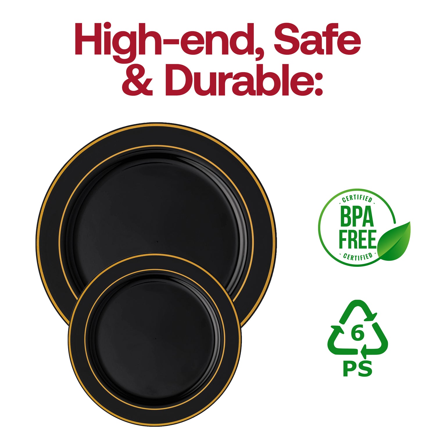 Black with Gold Edge Rim Plastic Dinner Plates (10.25") BPA | The Kaya Collection