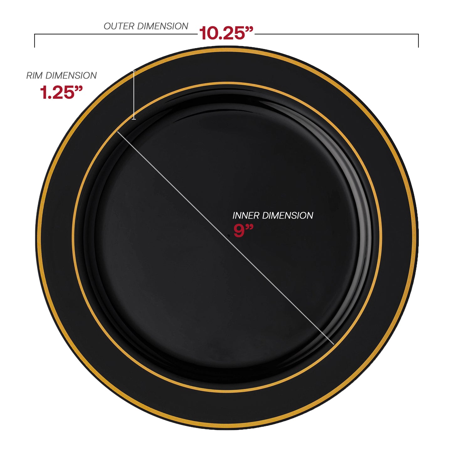 Black with Gold Edge Rim Plastic Dinner Plates (10.25") Dimension | The Kaya Collection