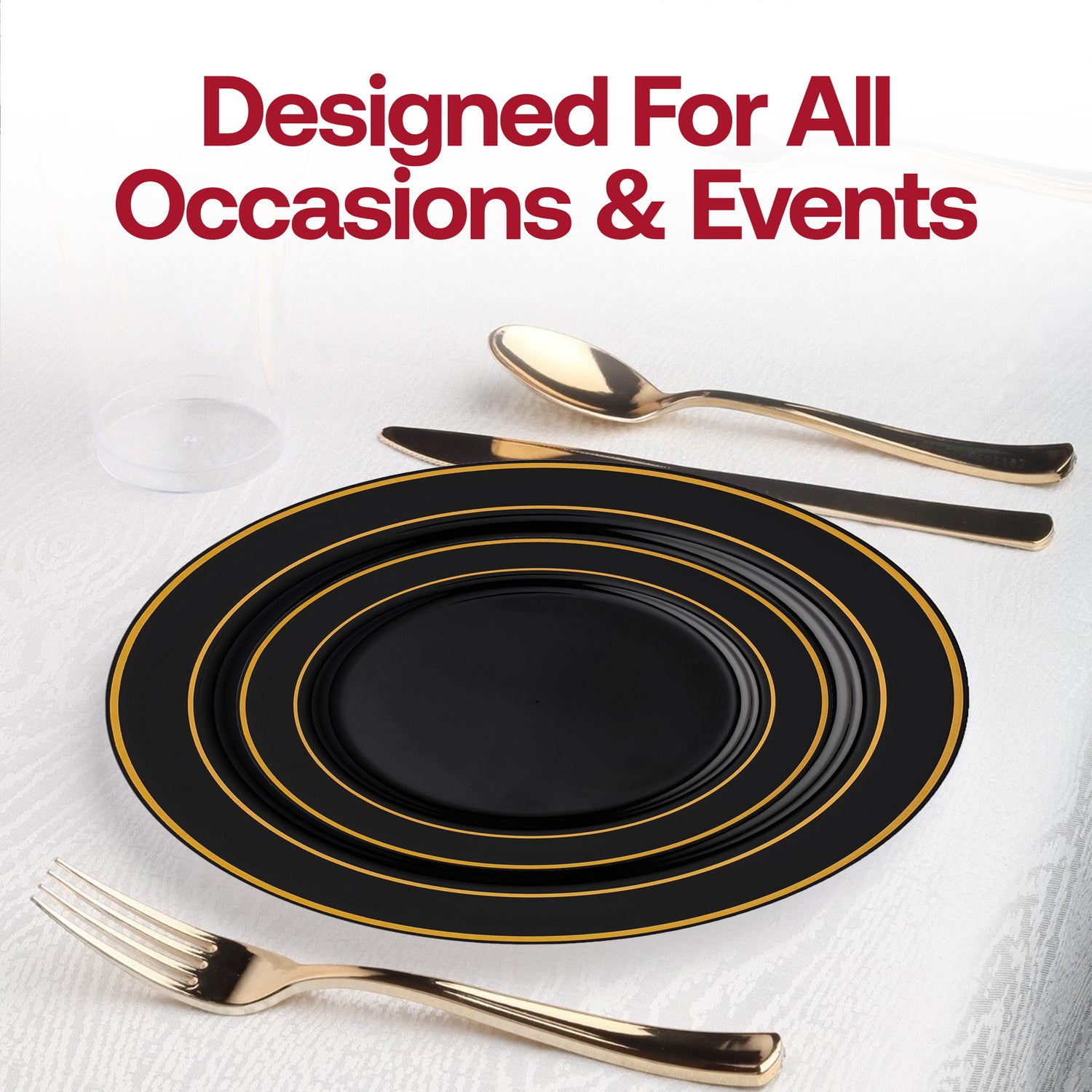 Black with Gold Edge Rim Plastic Dinner Plates (10.25") Lifestyle | The Kaya Collection