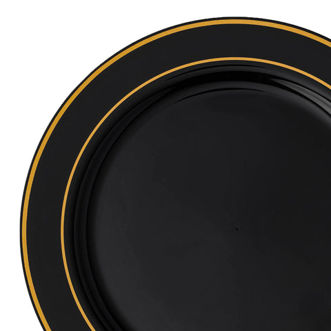 Black with Gold Edge Rim Plastic Dinner Plates (10.25
