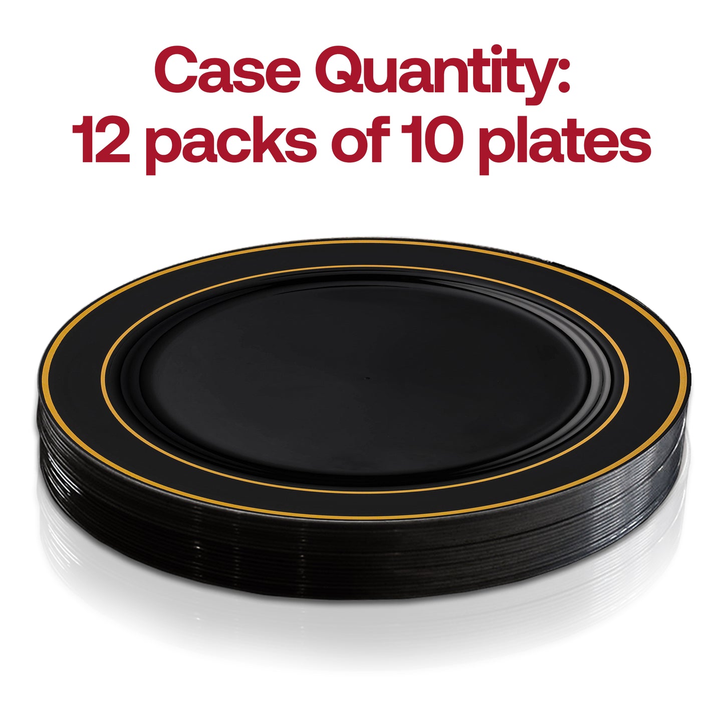 Black with Gold Edge Rim Plastic Dinner Plates (10.25") Quantity | The Kaya Collection