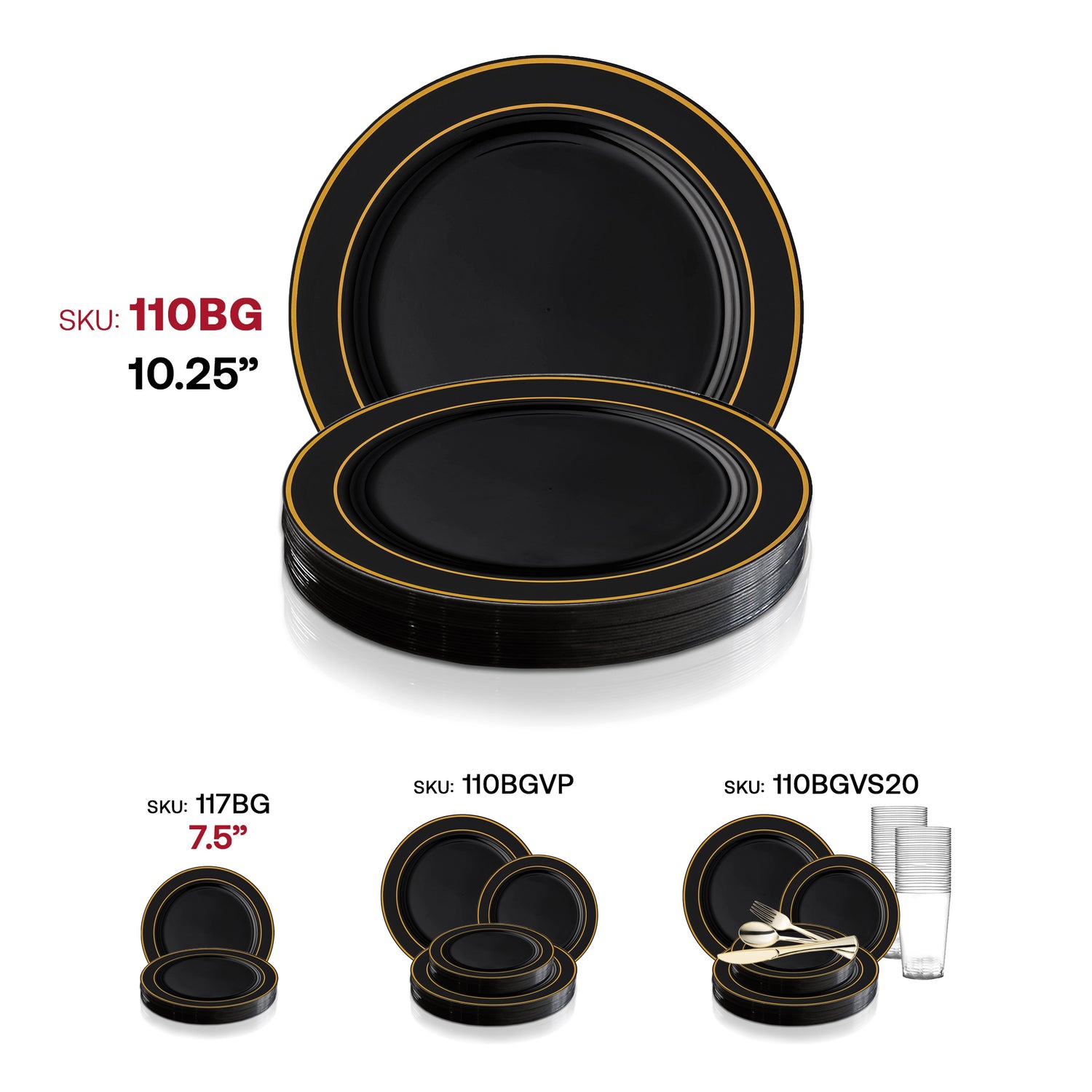 Black with Gold Edge Rim Plastic Dinner Plates (10.25") SKU | The Kaya Collection