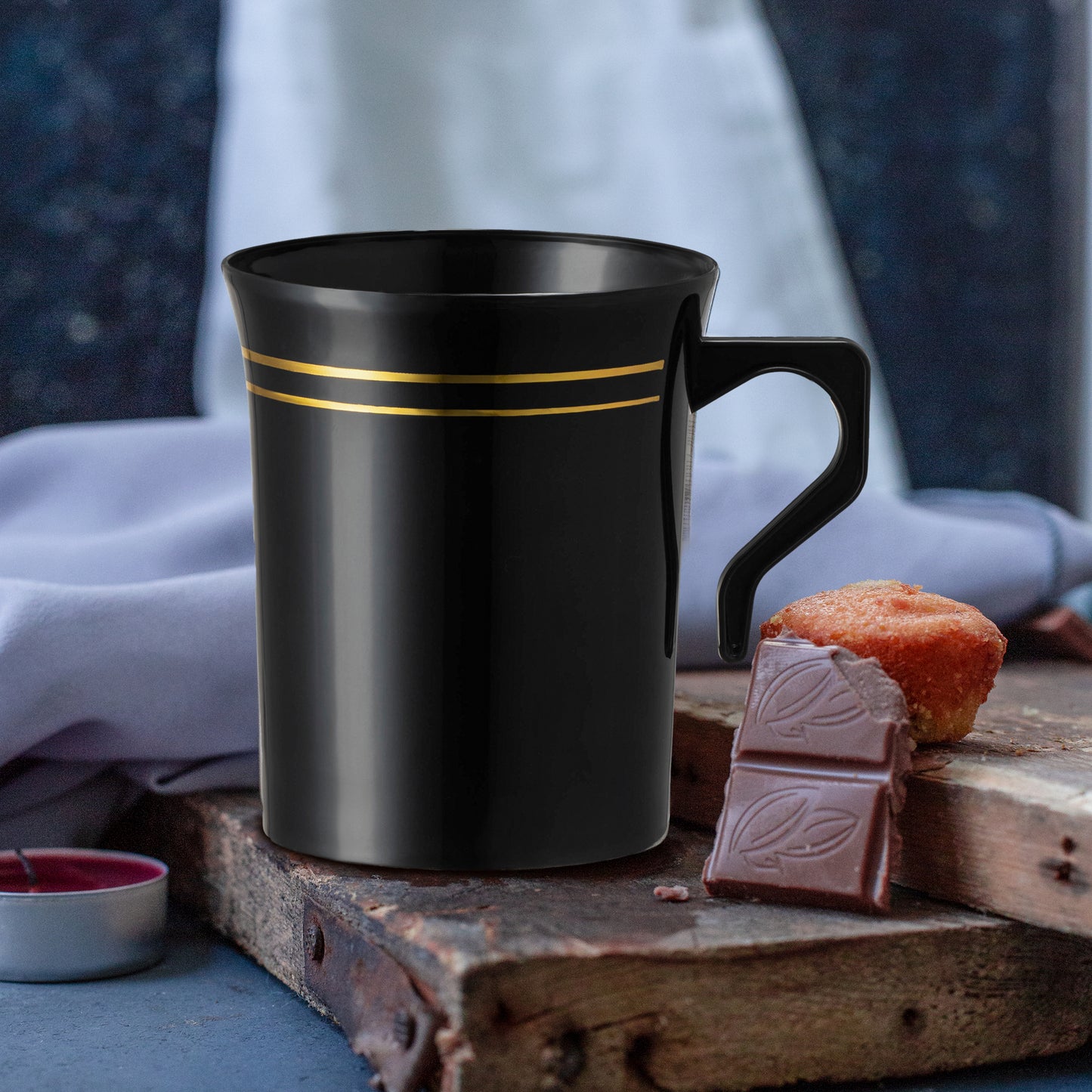 8 oz. Black with Gold Edge Rim Round Disposable Plastic Coffee Mugs