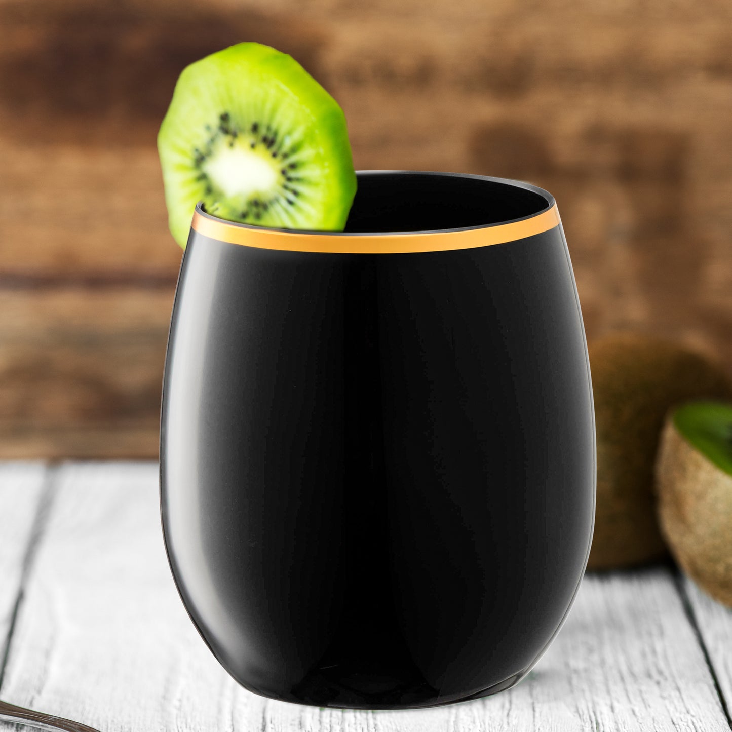 12 oz. Black with Gold Stemless Plastic Wine Glasses