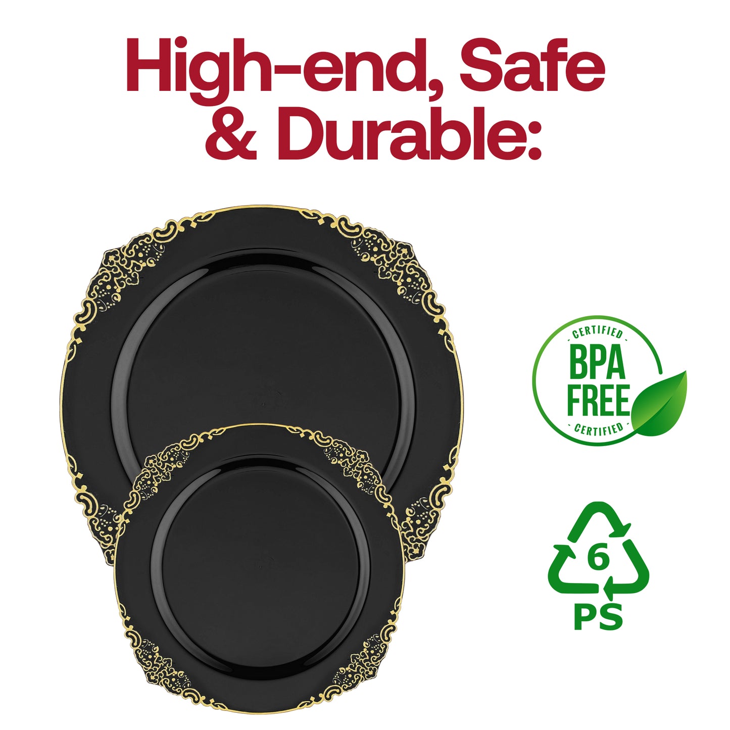 Black with Gold Fancy Round Plastic Salad Plates (7.5”)