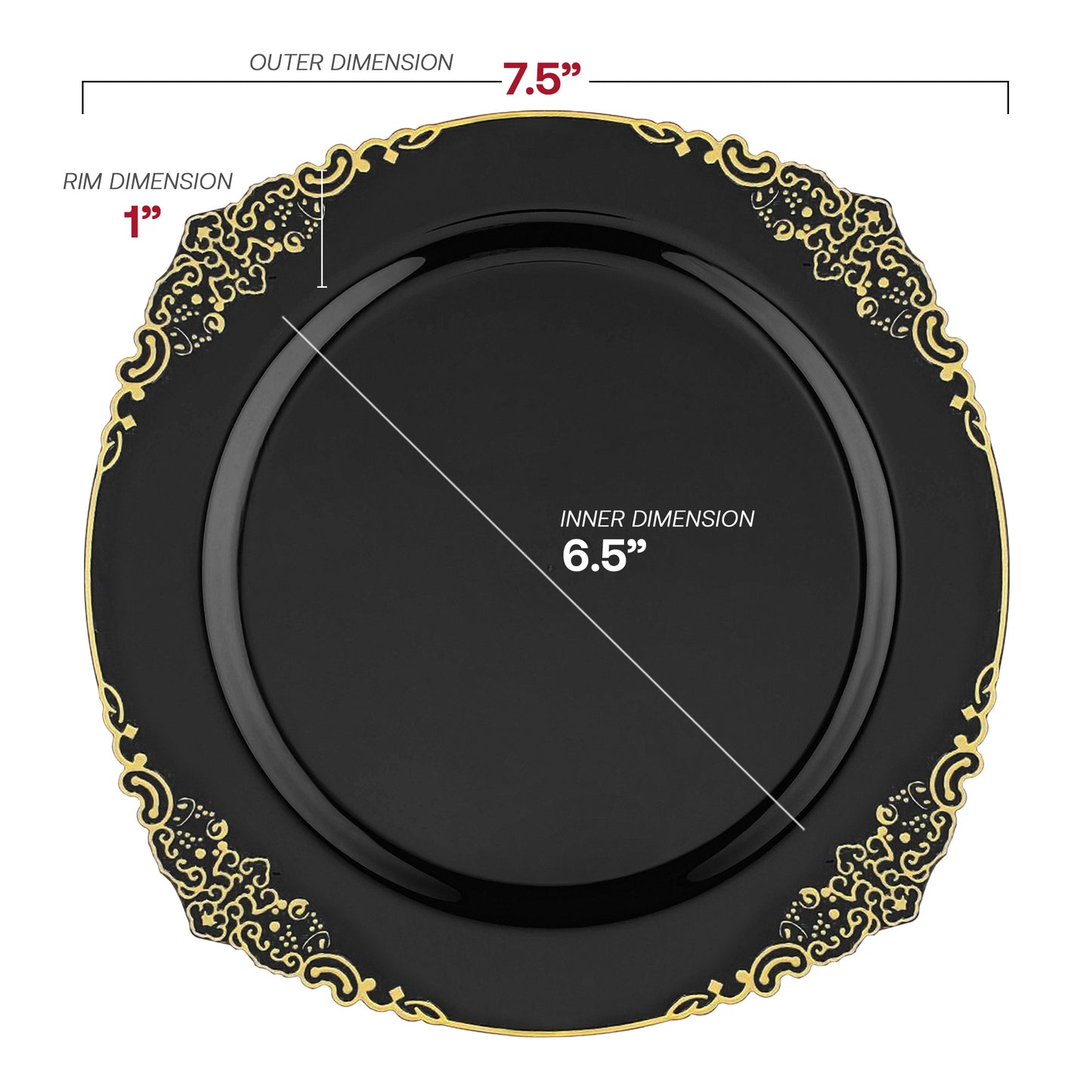 Black with Gold Fancy Round Plastic Salad Plates (7.5”)