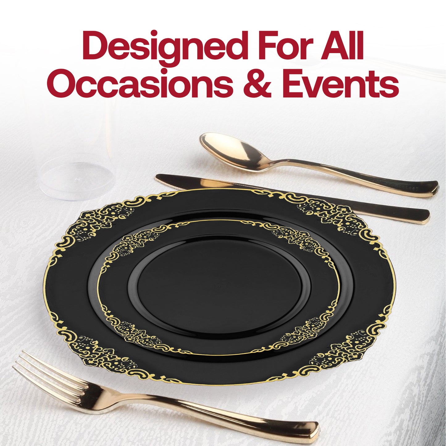 Black with Gold Fancy Round Plastic Salad Plates (7.5”)