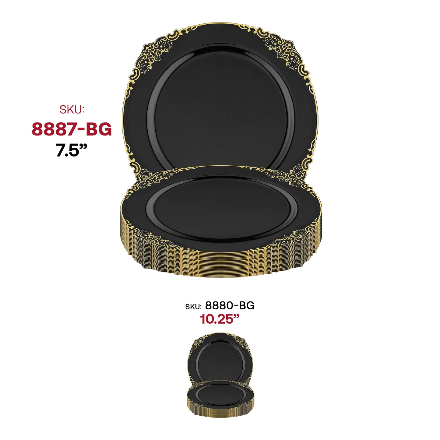 Black with Gold Fancy Round Plastic Salad Plates (7.5”)