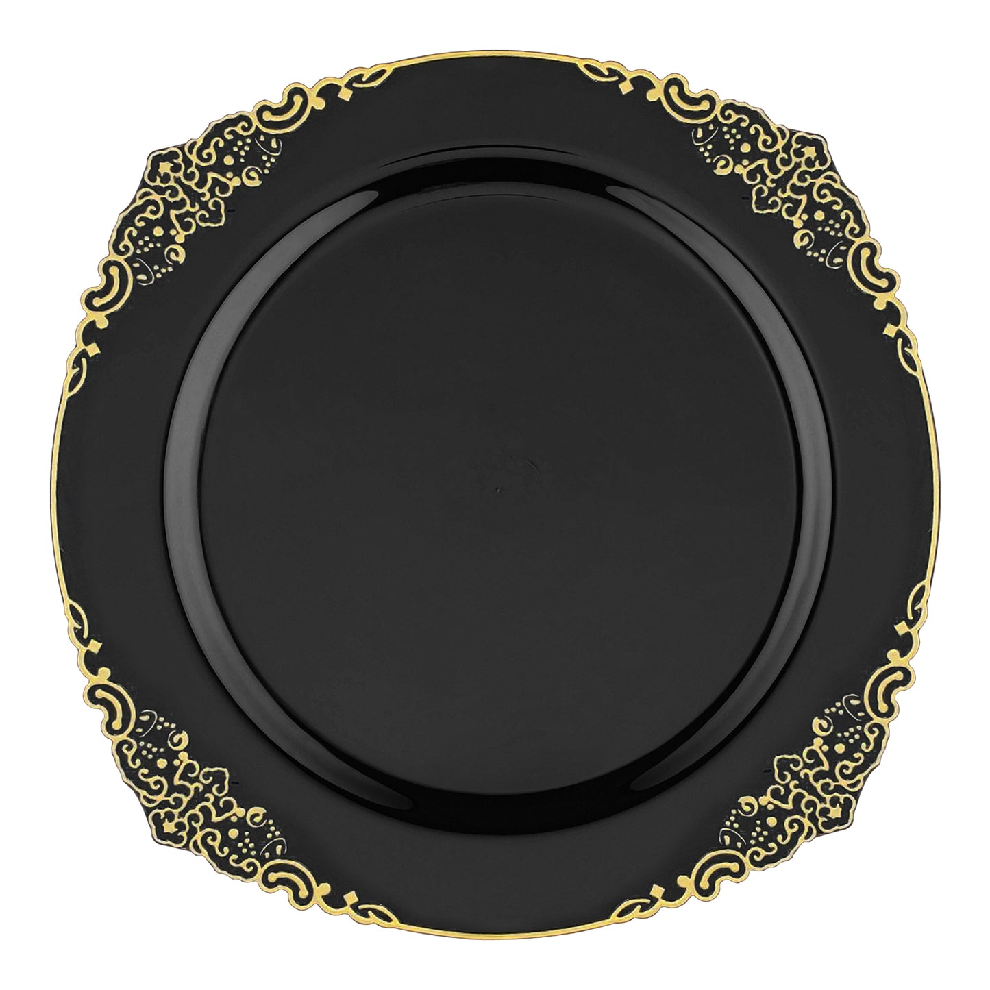 Black with Gold Fancy Round Plastic Salad Plates (7.5”)