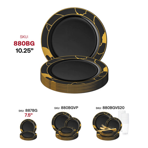 Black with Gold Marble Disposable Plastic Dinner Plates (10