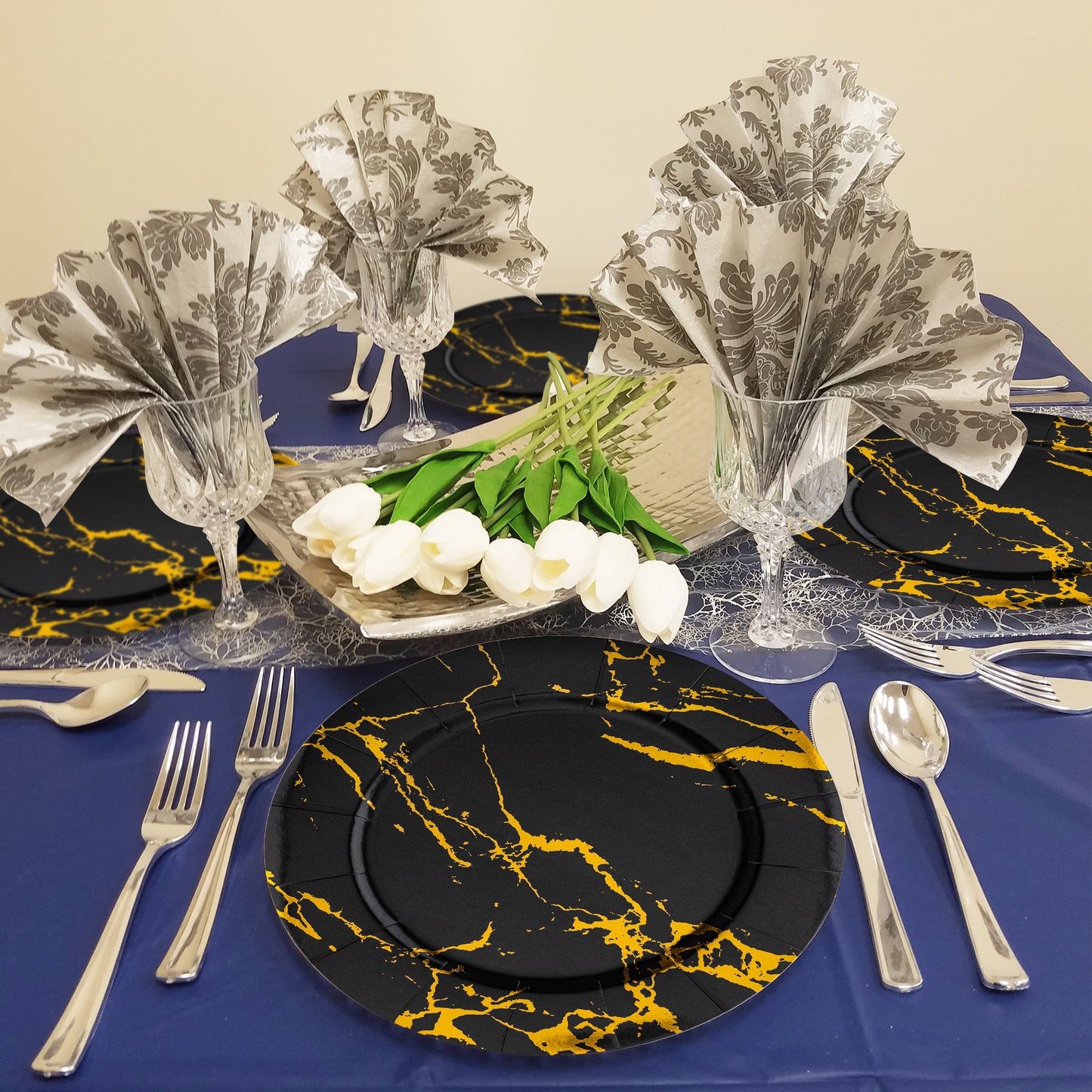 Black with Gold Marble Round Paper Charger Plates (13")