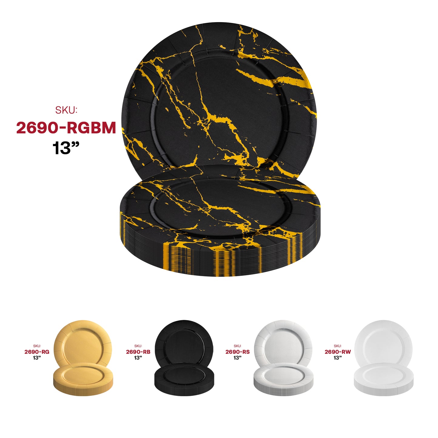 Black with Gold Marble Round Paper Charger Plates (13")
