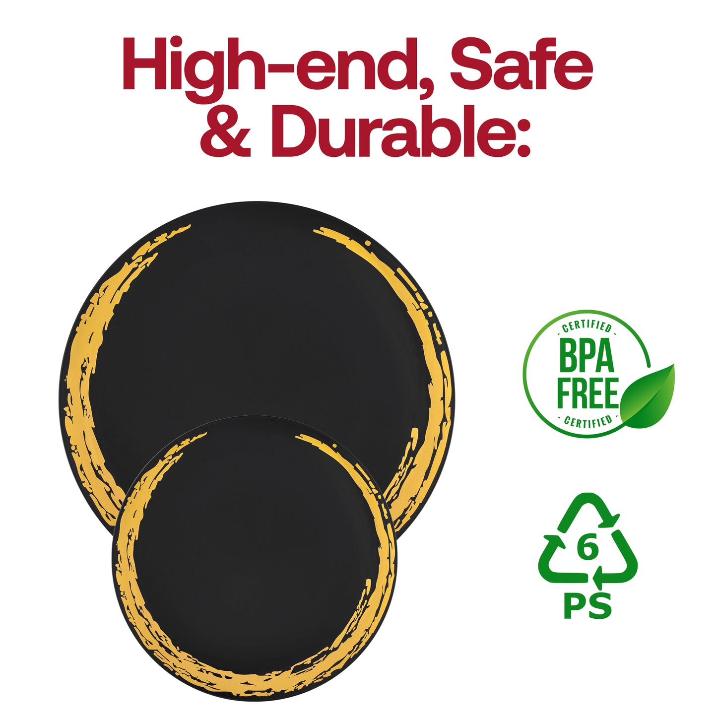 Black with Gold Moonlight Round Disposable Plastic Appetizer/Salad Plates (7.5") BPA | The Kaya Collection