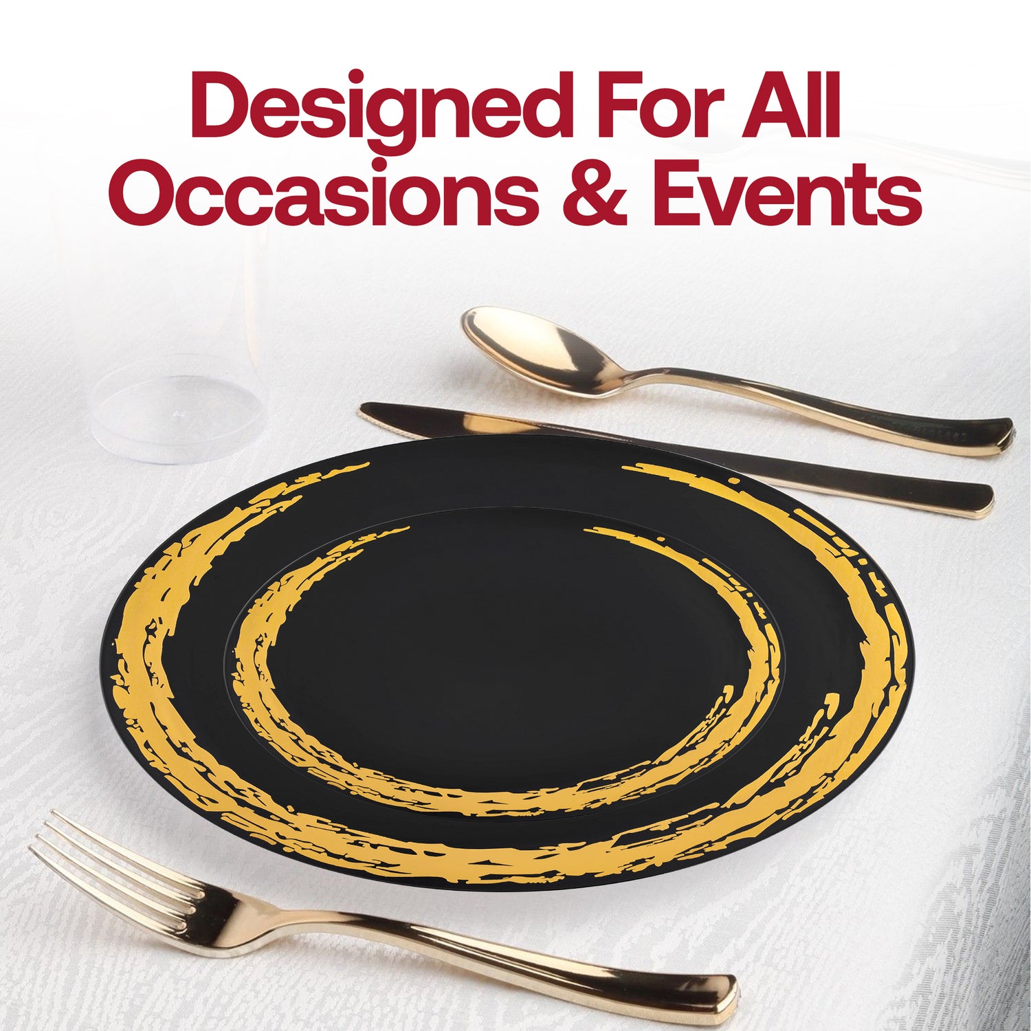Black with Gold Moonlight Round Disposable Plastic Appetizer/Salad Plates (7.5") Lifestyle | The Kaya Collection