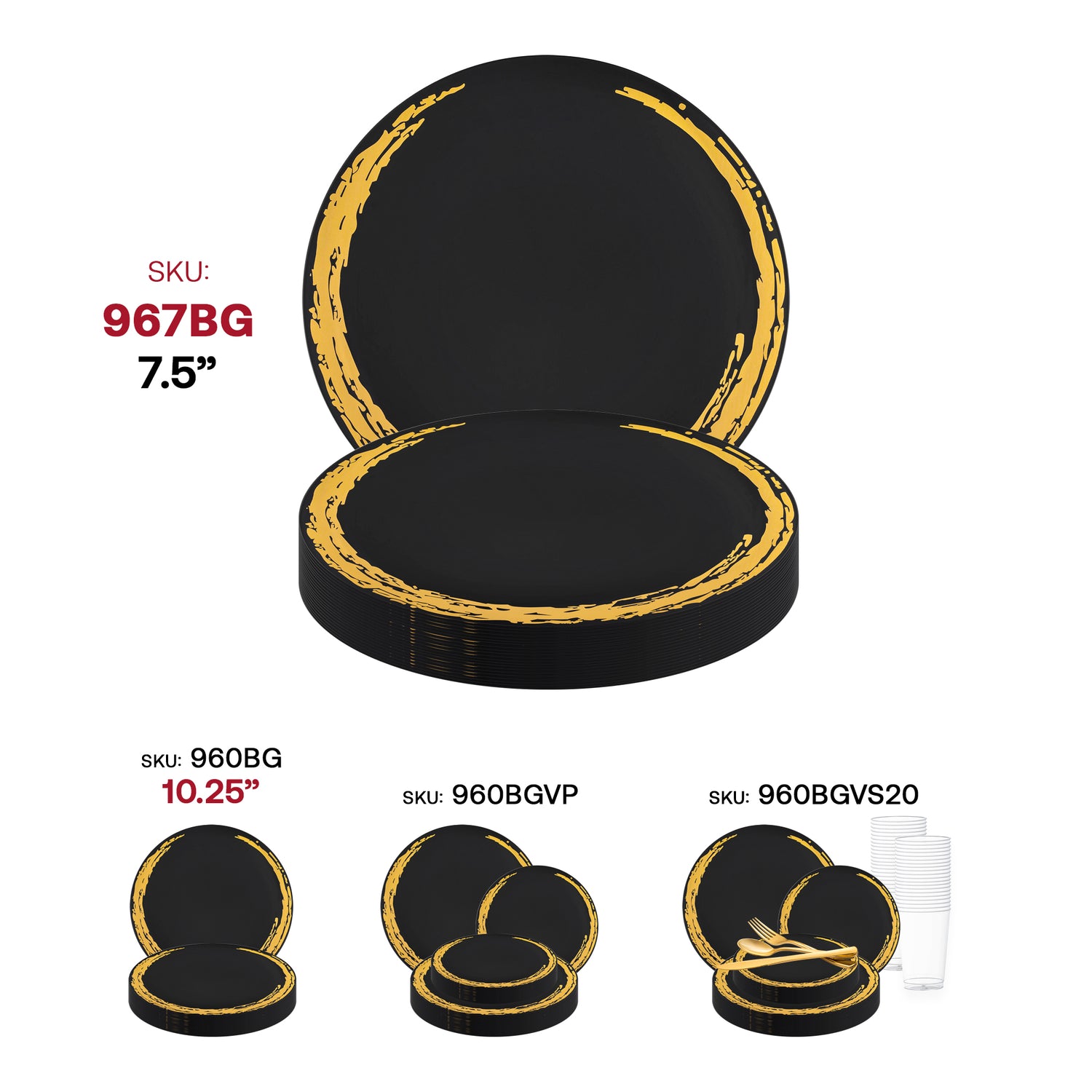 Black with Gold Moonlight Round Disposable Plastic Appetizer/Salad Plates (7.5") SKU | The Kaya Collection